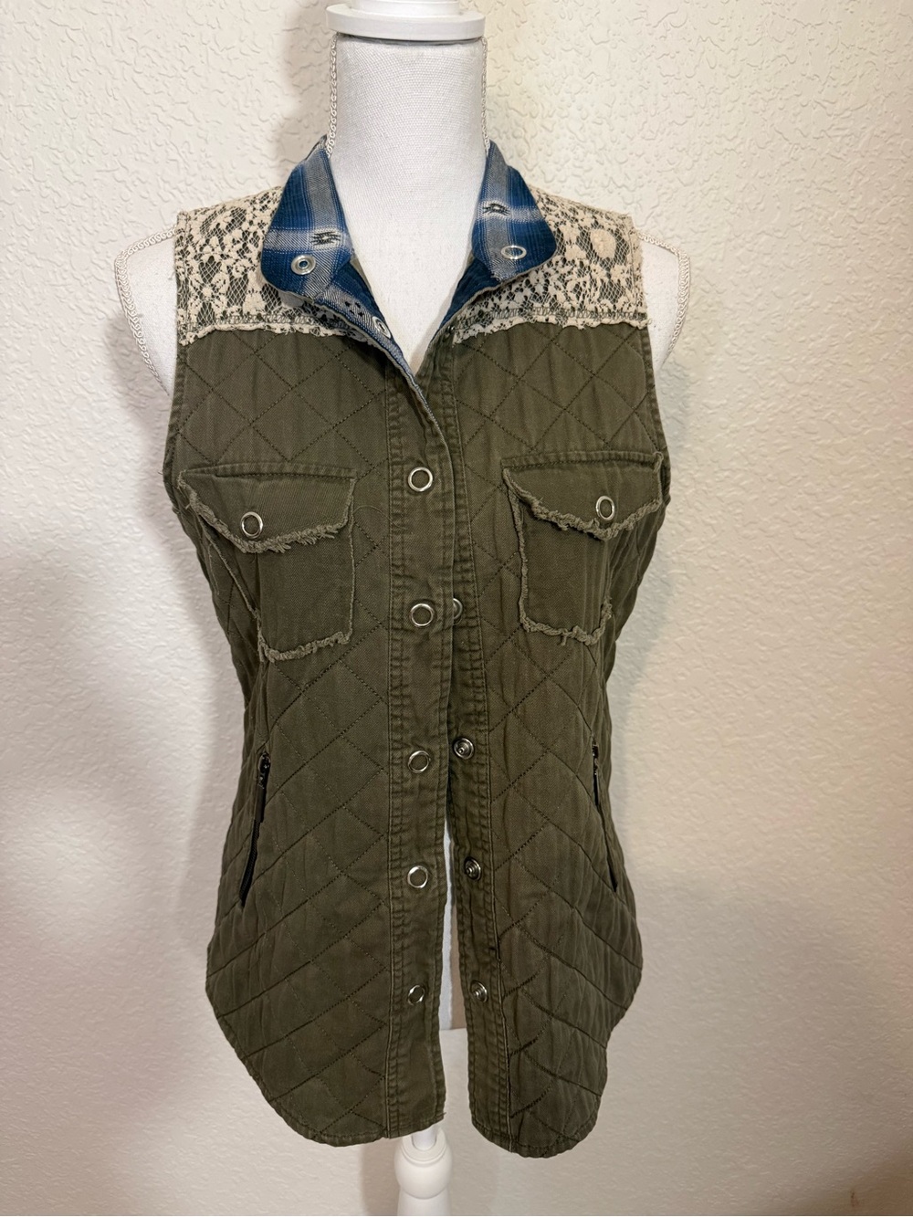 gimmicks by BKE Olive Quilted Vest with Denim Collar and Lace Yoke Trim